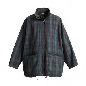 VINTAGE EUC! 90s Unisex Green/Blue Plaid Drawstring Windbreaker Jacket!